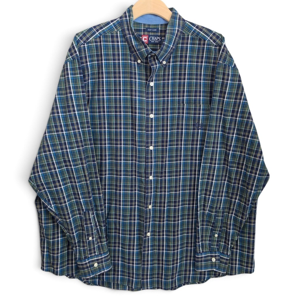 Chaps Shirt Mens 2XB Blue Green Plaid Button Down Easy Care Long Sleeve Big Tall
